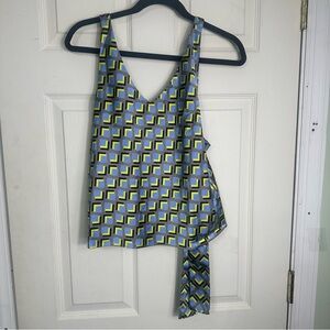 New Wildfang Empower Adjustable Satin Cami Blouse Medium Cubic‎ blue Print Tie